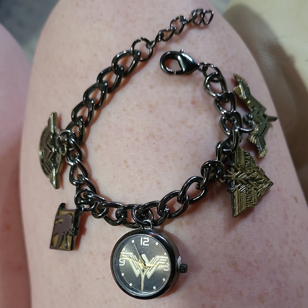 DC Comics Black and Gold Wonder Woman Charm Watch Bracelet